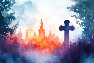 Obraz premium All Saints Day. Watercolor christian background,copy-space with generative ai