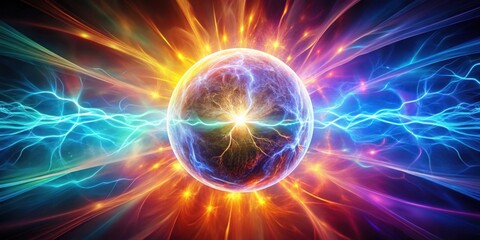 Obraz premium Abstract colorful background with a glowing energy ball surrounded by waves of light and plasma rays, energy, sphere, atom