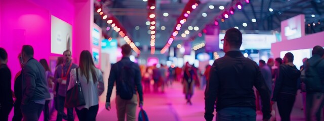 Exhibition expo event trade fair hall with busy bustling people walking to conferences in a modern hall crowded business people with a bokeh effect. Generative AI
