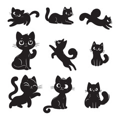 set of black cats silhouettes on white	
