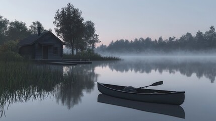 Fototapeta premium Misty Morning Canoe on a Tranquil Lake with a Cabin