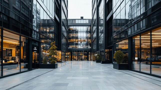 Modern Glass Office Building Entrance with Stone Patio