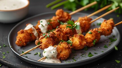 Fried chicken nuggets on skewers with creamy sauce on a plate