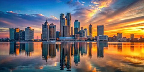 Fototapeta premium Detroit skyline at sunrise in 2020 , Detroit, Michigan, cityscape, skyline, buildings, urban, city, sunrise