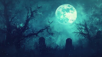 Obraz premium Mystical Forest Moonlight with Silhouettes of Trees and Tombstones