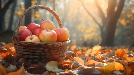Autumn Basket of Apples in Fall Foliage