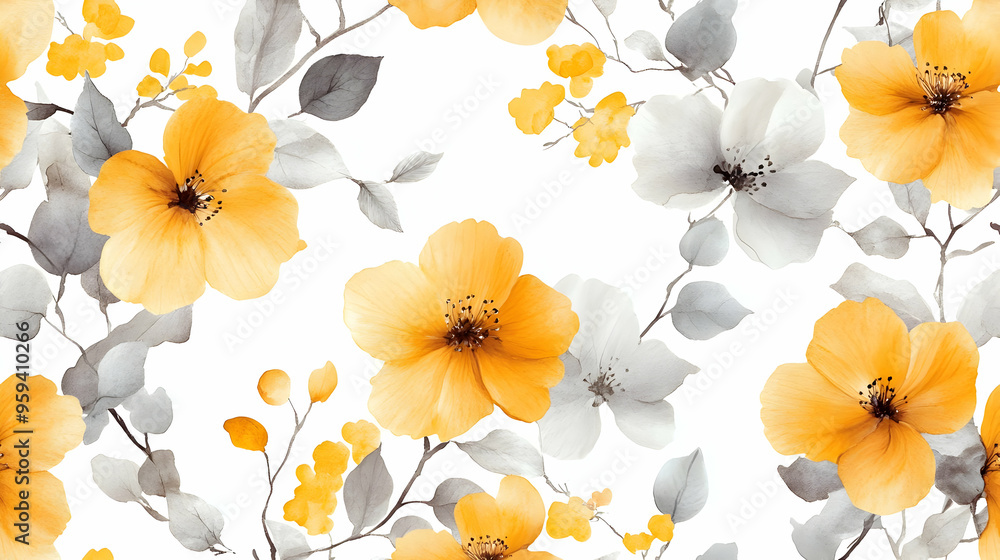 Wall mural Watercolor Floral Pattern with Yellow and Grey Flowers