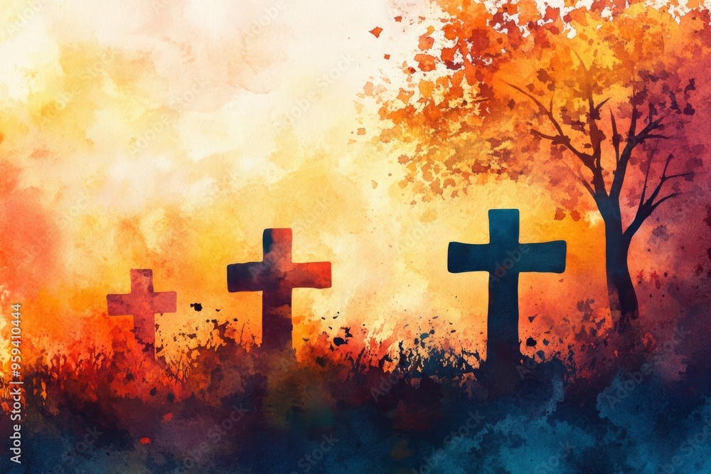 Wall mural all saints day. watercolor christian background,copy-space with generative ai