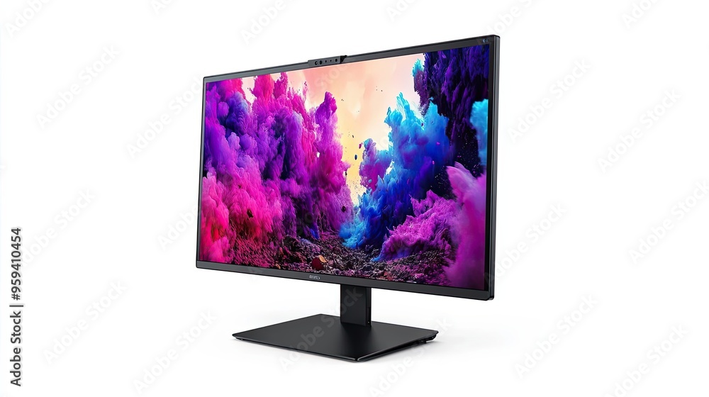 Poster black computer monitor with abstract colorful design displayed on the screen