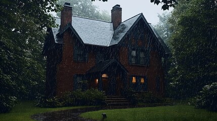 Fototapeta premium A rural landscape wallpaper featuring a house in the forest amidst rain and snow, showcasing natural outdoor scenery.