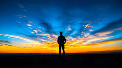 Silhouette of Man Watching Sunset with Dramatic Sky