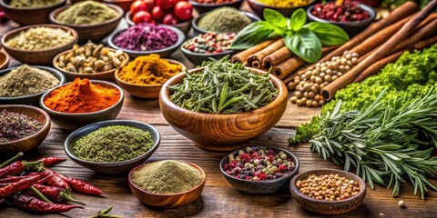 Fototapeta premium Close-up of assorted traditional Italian herbs used for flavoring food, herbs, Italian, flavoring, cuisine