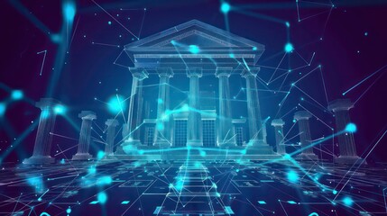 Wire frame model of a classic building with columns and a complex geometric background.