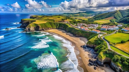 Aerial drone view of Praia dos Moinhos beach in Sao Miguel, Azores, Portugal, beach, sand, ocean, waves, coastline, horizon