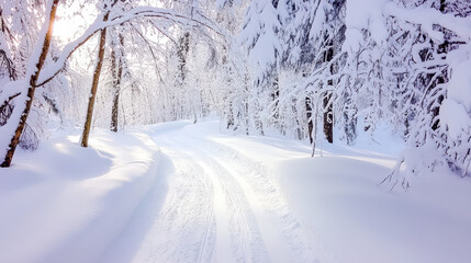 Fototapeta premium Snow-covered winding path through a serene winter forest, surrounded by tall trees and thick layers of fresh snow