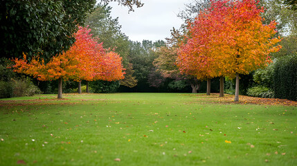 Naklejka premium Autumn Trees with Orange and Red Leaves in a Green Meadow