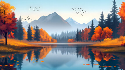 Fototapeta premium Autumn Mountain Lake Landscape with Reflection