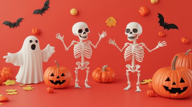 Minimal Halloween template featuring lively 3D vector skeletons, ghosts, and pumpkins on an isolated background