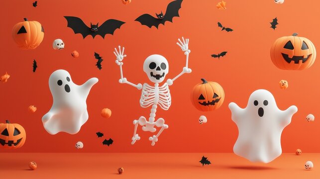 Minimal Halloween template featuring lively 3D vector skeletons, ghosts, and pumpkins on an isolated background