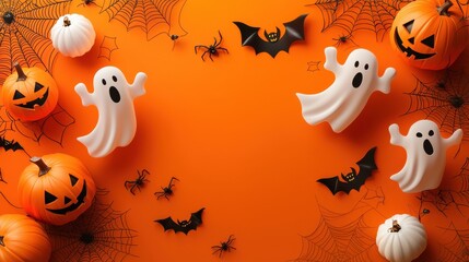 Minimal Halloween template featuring lively 3D vector ghosts and jack-o-lanterns, with bats and spider webs on an isolated background