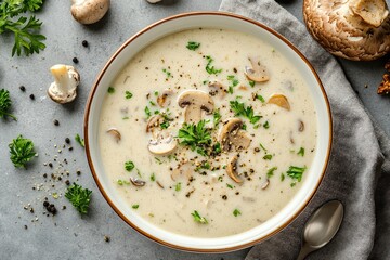 Homemade cream of mushroom soup in a bowl on a gray background, top view. Flat lay, overhead, from above