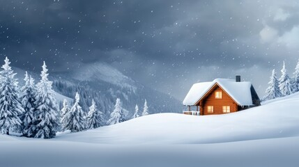Fototapeta premium Cozy Wooden Cabin in Snowy Mountain Landscape with Pine Trees and Falling Snowflakes at Dusk