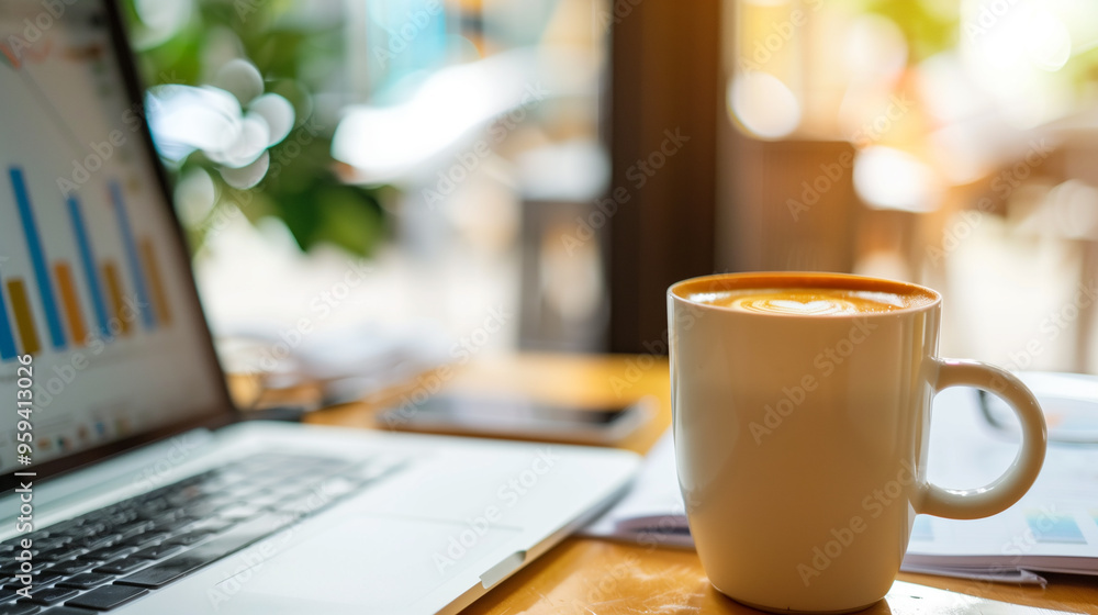 Poster business data statistics displayed on a laptop with a recyclable cup of coffee on the table in moder