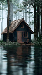 A rural landscape wallpaper featuring a house in the forest amidst rain and snow, showcasing natural outdoor scenery.