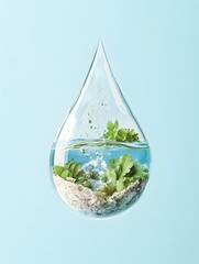 Obraz premium Surreal Floating Droplet Encapsulating Natural Extracts Above the Ocean