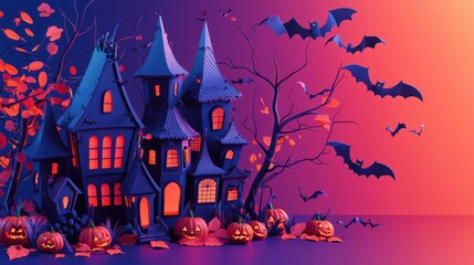 Minimal Halloween template featuring lively 3D vector witches, bats, and haunted houses on an isolated background