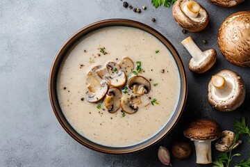 Homemade cream of mushroom soup in a bowl on a gray background, top view. Flat lay, overhead, from above