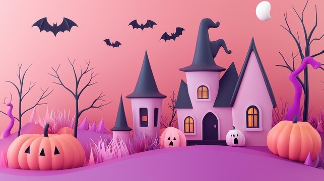 Minimal Halloween template featuring lively 3D vector witches, bats, and haunted houses on an isolated background