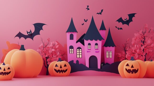 Minimal Halloween template featuring lively 3D vector witches, bats, and haunted houses on an isolated background