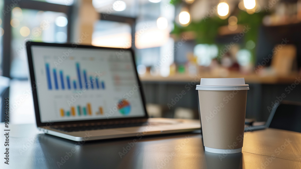 Aufkleber business data statistics displayed on a laptop with a recyclable cup of coffee on the table in moder