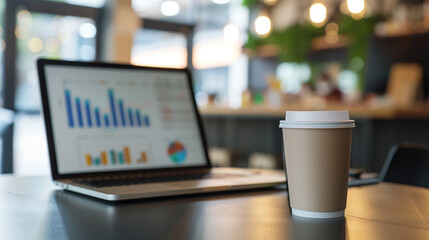 business data statistics displayed on a laptop with a recyclable cup of coffee on the table in modern office