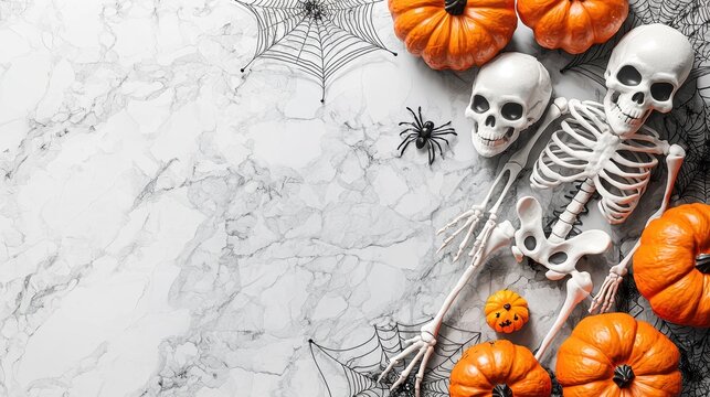 Minimal and isolated Halloween template with lively 3D vector skeletons, spider webs, and pumpkins on a clean background
