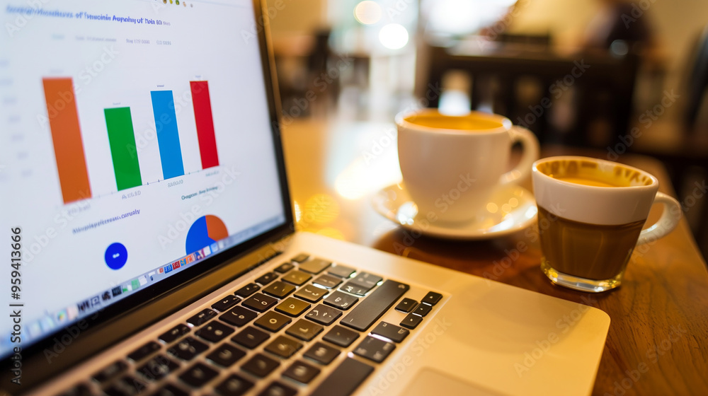 Poster business data statistics displayed on a laptop with a recyclable cup of coffee on the table in moder