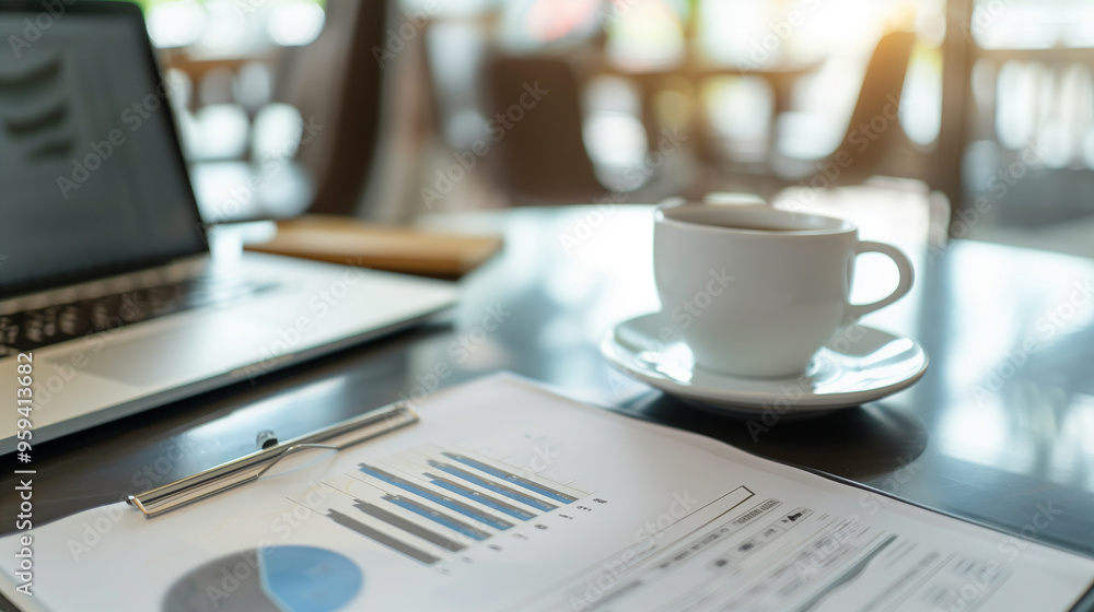 Poster business data statistics displayed on a laptop with a recyclable cup of coffee on the table in moder