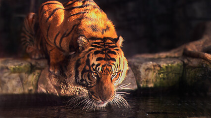 Thirst of the Wild: Bengal Tiger at the Water’s Edge: A magnificent Bengal tiger lowers its head to drink from a serene pond.