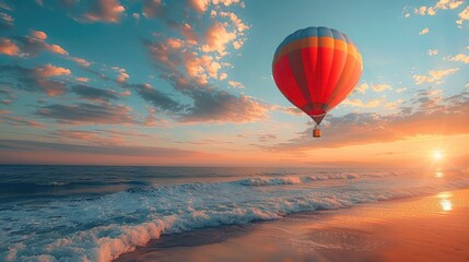 Serene journey: beautiful hot air balloon gracefully floating over enchanting marvellous landscape, harmony between nature, flight, creating captivating visual experience of tranquility, wonder.