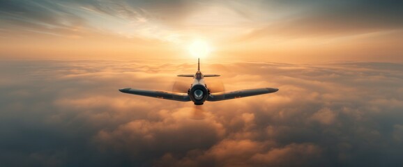 A small plane is flying through a cloudy sky with a sun in the background