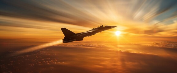 A jet is flying through the sky at sunset