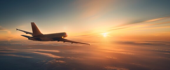 Fototapeta premium A plane is flying through the sky with a beautiful sunset in the background