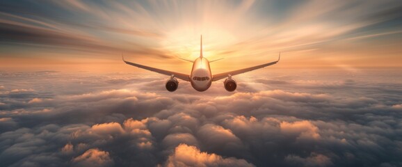 A plane is flying through a cloudy sky with a sun in the background