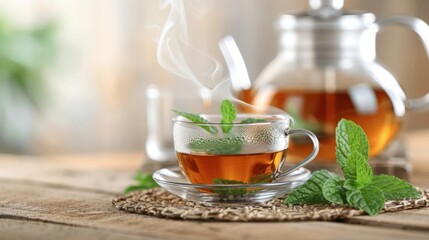 A steaming cup of Moroccan mint tea poured from a silver teapot.