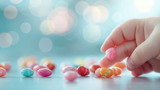 A child's hand reaching for a colorful jelly bean.