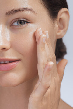 Crop Photo of Cosmetics Skin Care Concept Photo of Close-up Woman Perfect Face