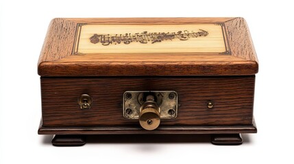 Antique Wooden Music Box with Engraved Sheet Music