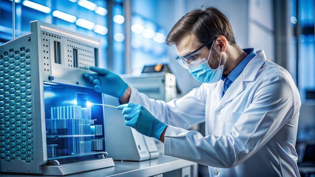 Scientist inserting samples into a high-tech DNA sequencing machine, biotech innovation