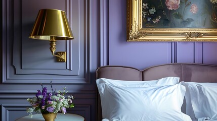 Gold lamp on table next to bed in violet hotel bedroom interior with flowers and painting on molding wall
